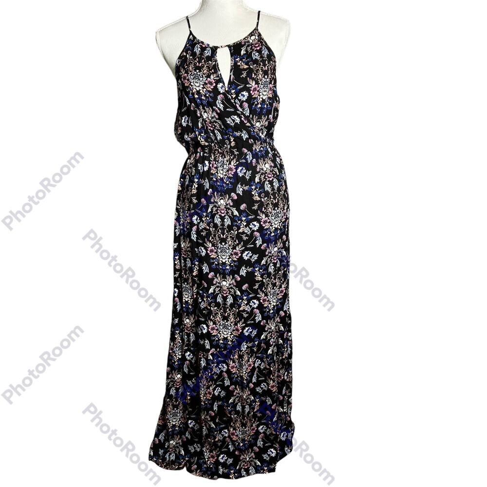 Pink Rose Maxi Dress Women’s SZ L Spaghetti Strap Keyhole Wrap Top Floral Print